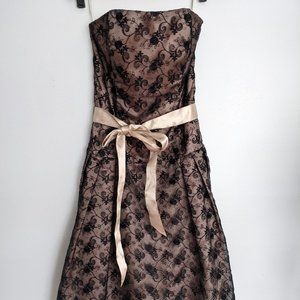 Black Glittery Lace over Champagne Satin Cocktail Dress with Corset back